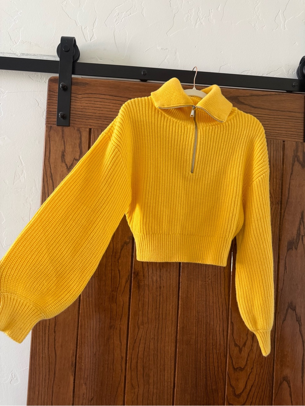 Cropped Ribbed Half-Zip Sweater - Yellow